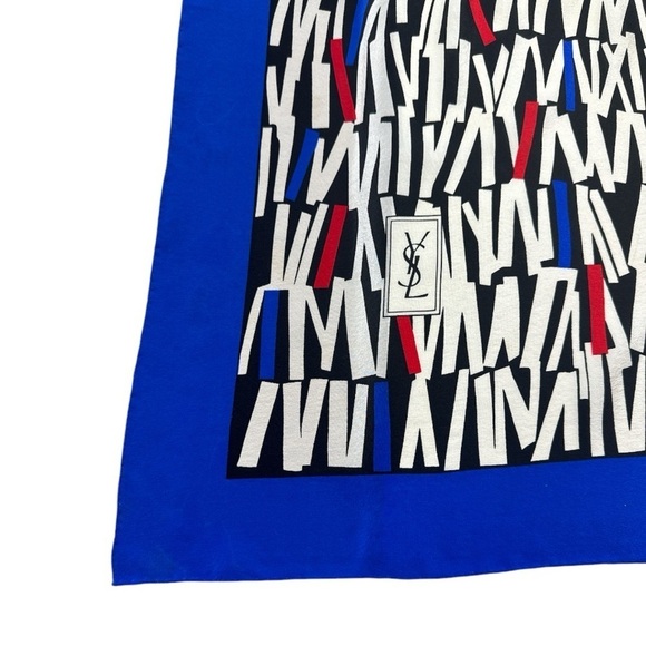 YSL Vintage 80s Blue Abstract Silk Scarf 34" - Picture 4 of 9